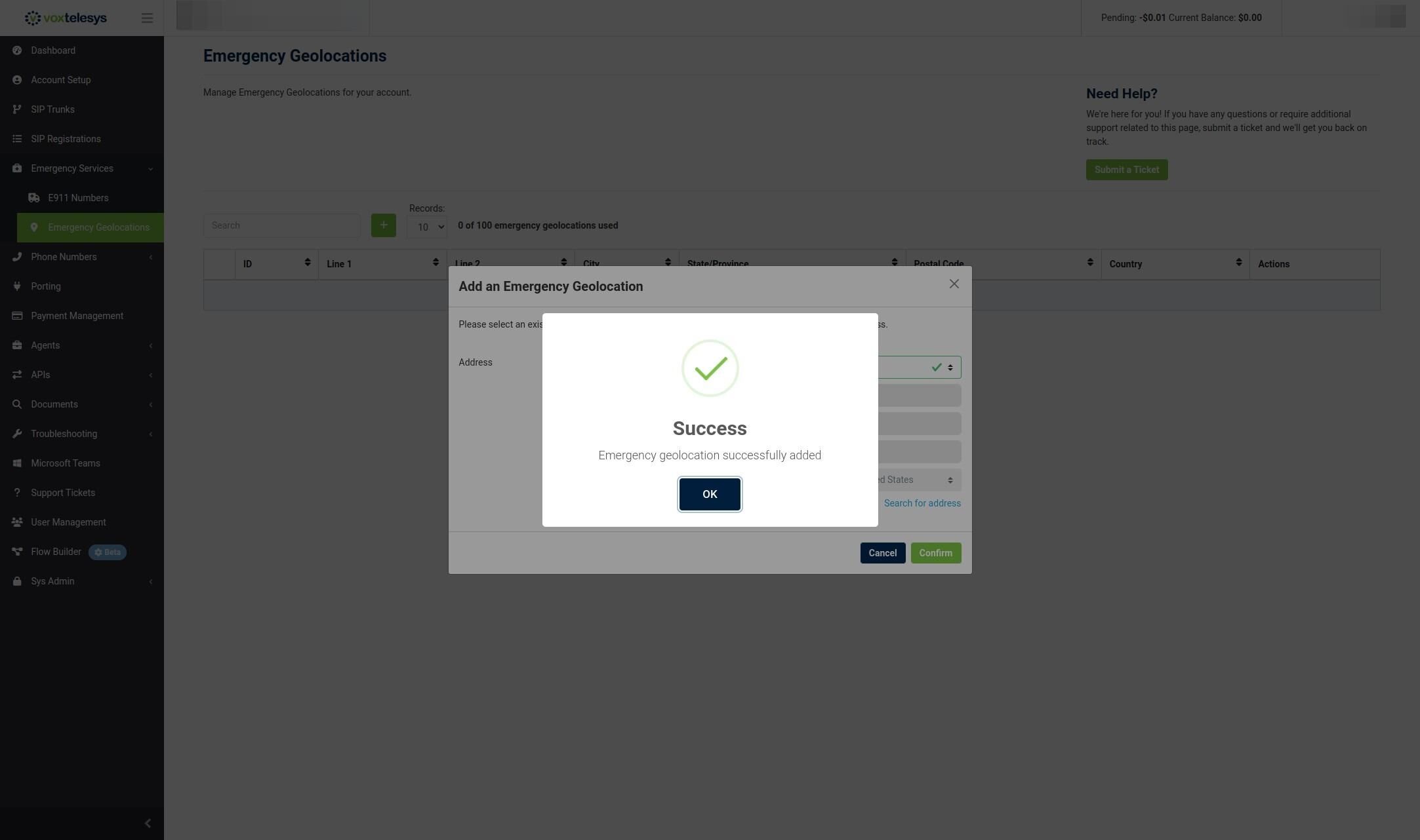 ok button in the voxtelesys portal