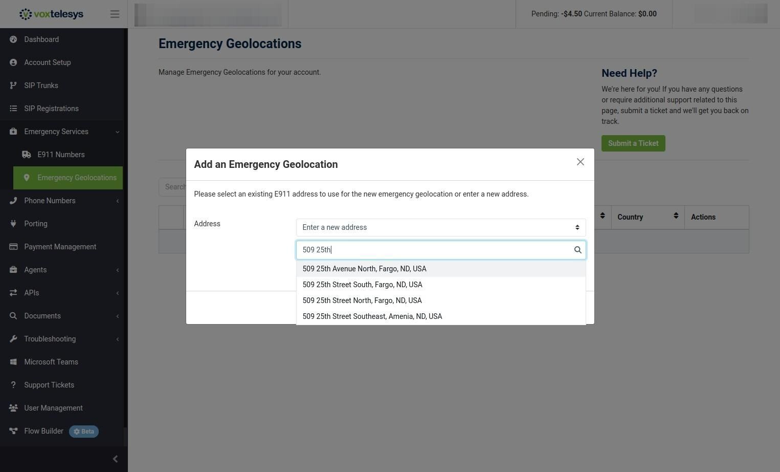 matching address from the dropdown in the voxtelesys portal