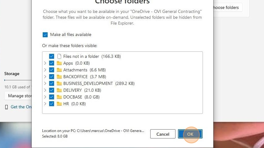 Select folders to synchronize