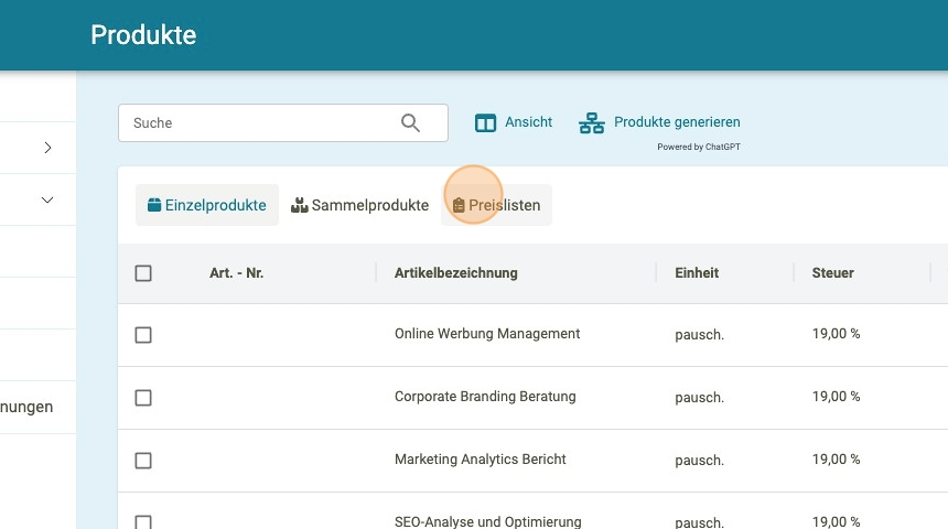 Preisliste erstellen 2 - faktoora - faktoora -