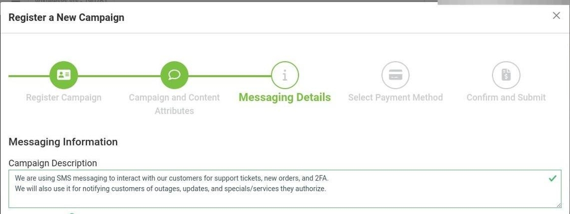 campaign description section of messaging details portion in voxtelesys portal
