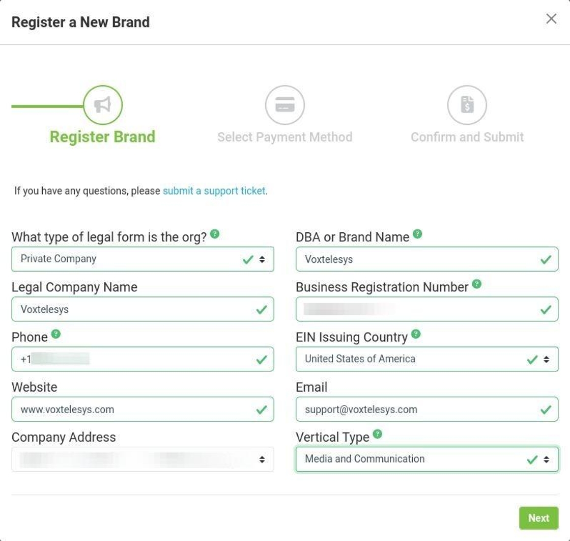 register brand page with information in voxtelesys portal
