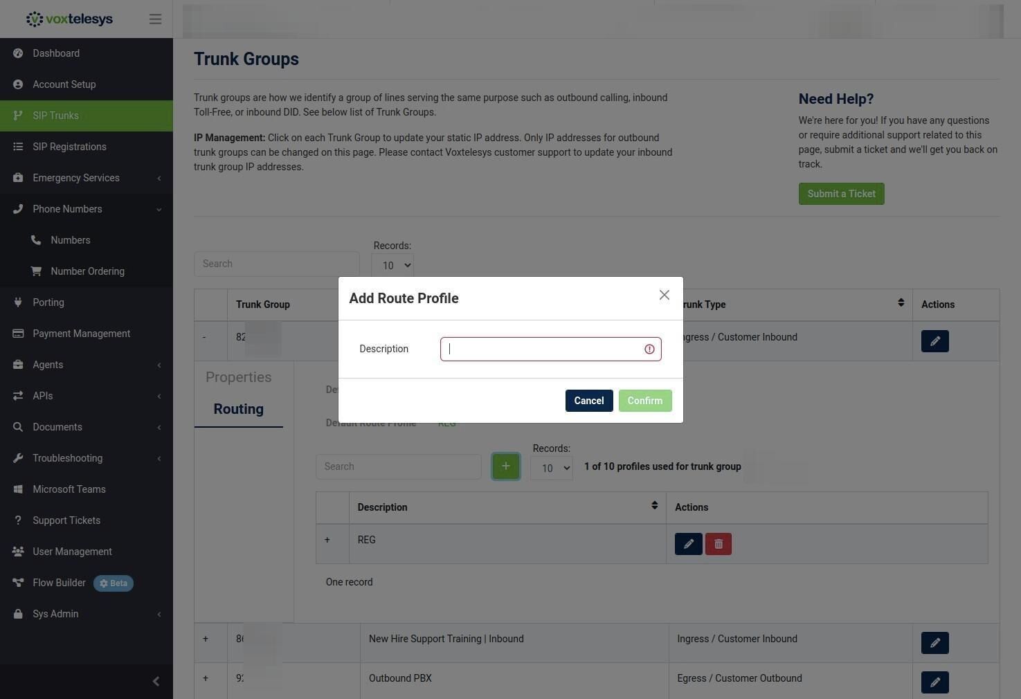description field in the voxtelesys portal
