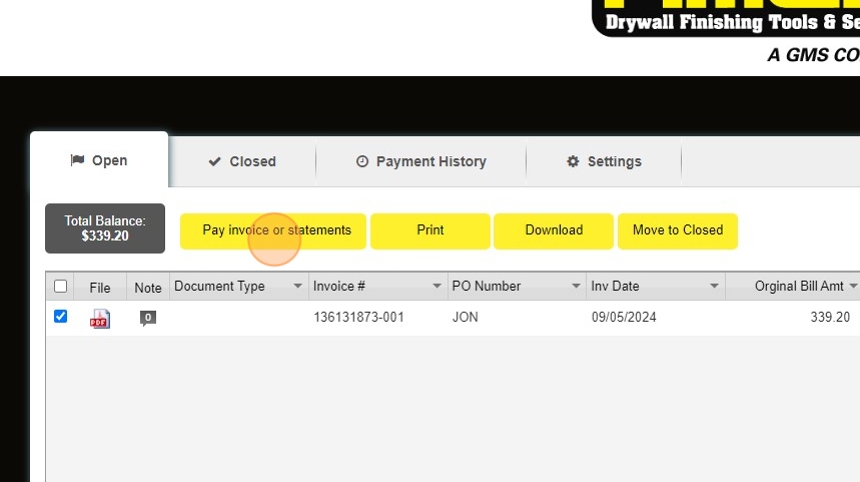 Screenshot highlighting the Pay invoice or statements button