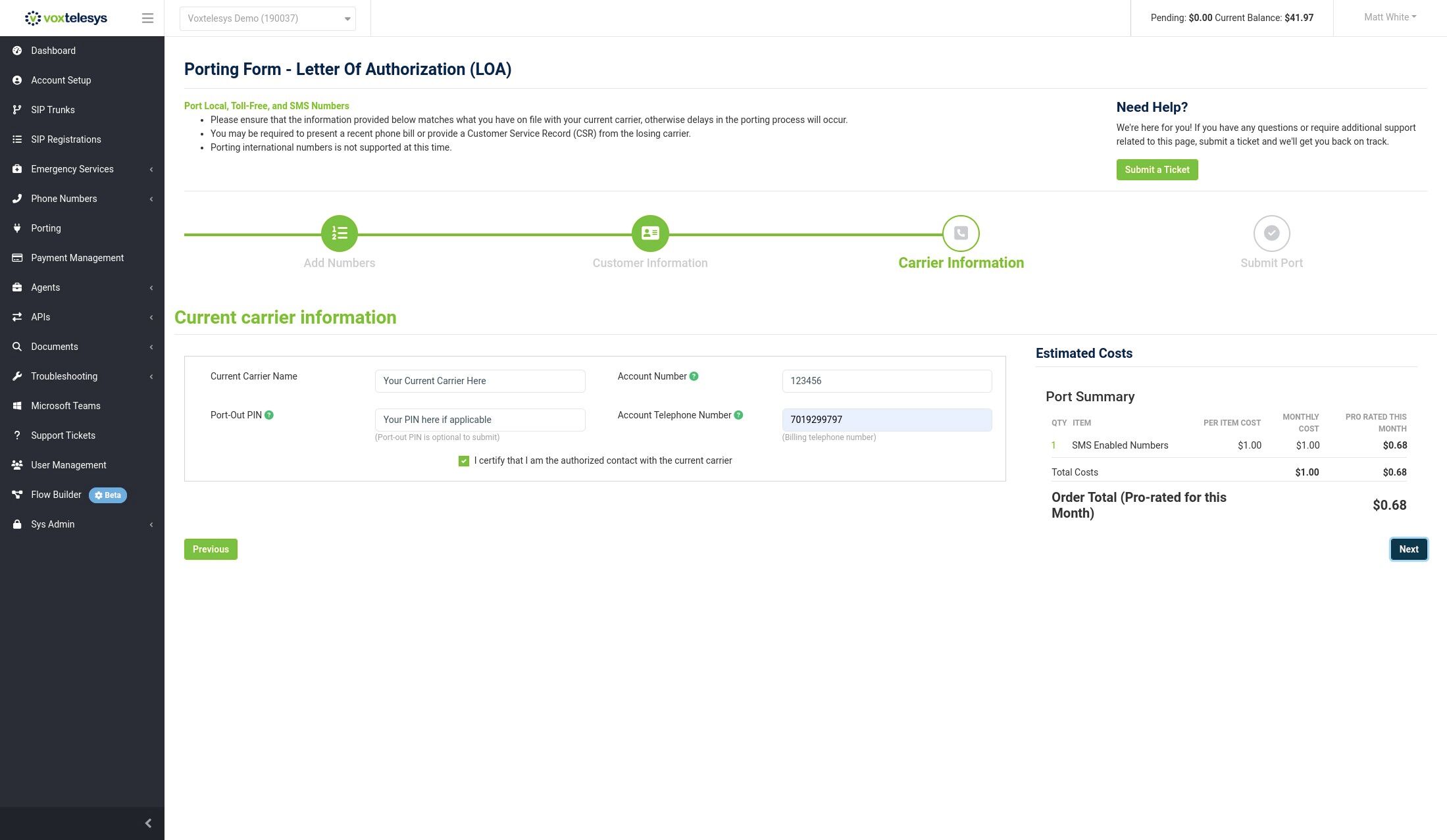 click next button in the voxtelesys portal