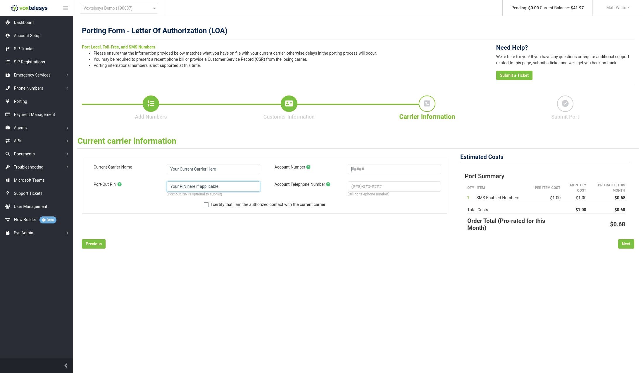 account number with current carrier field