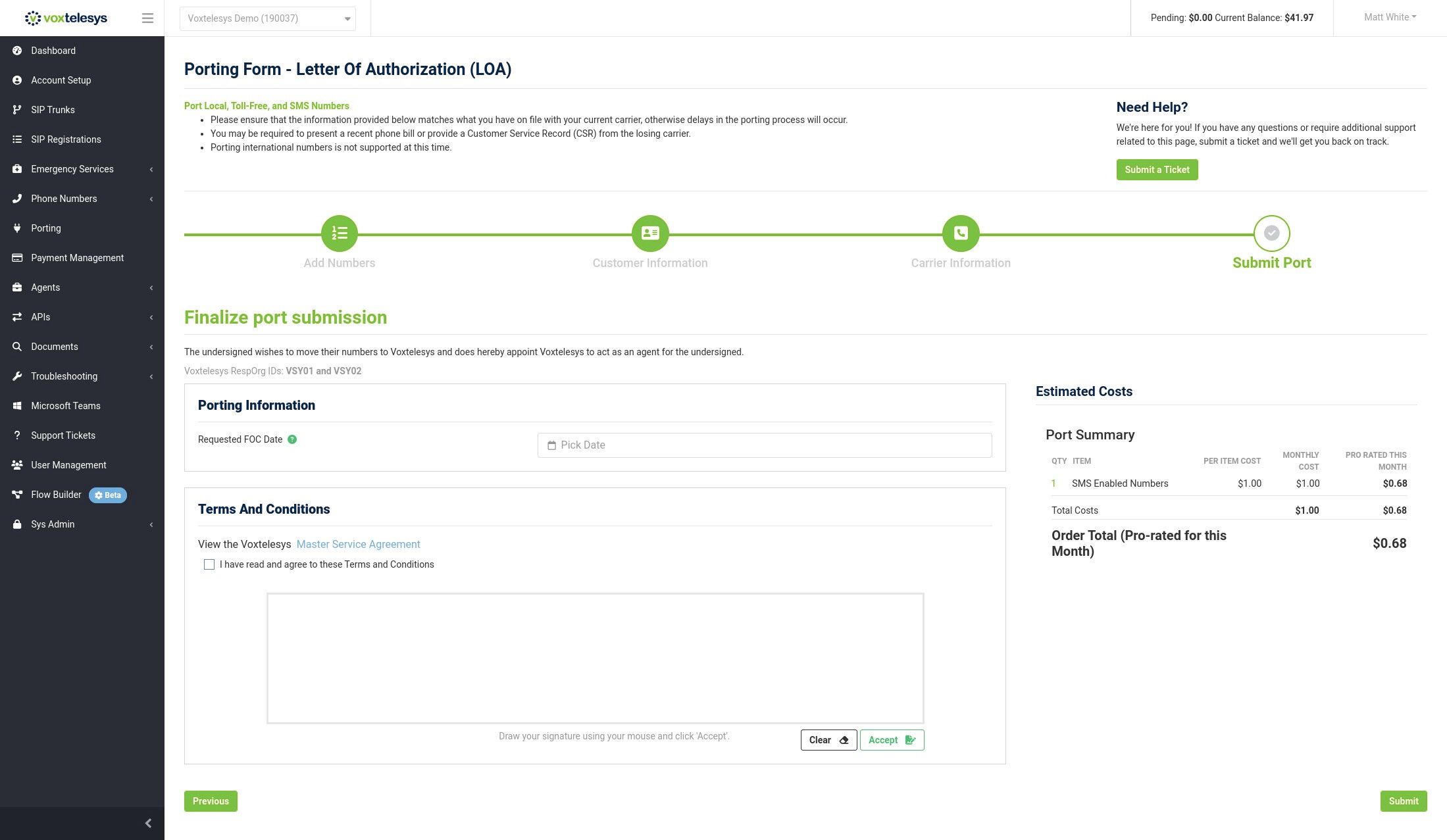 pick date field in the voxtelesys portal