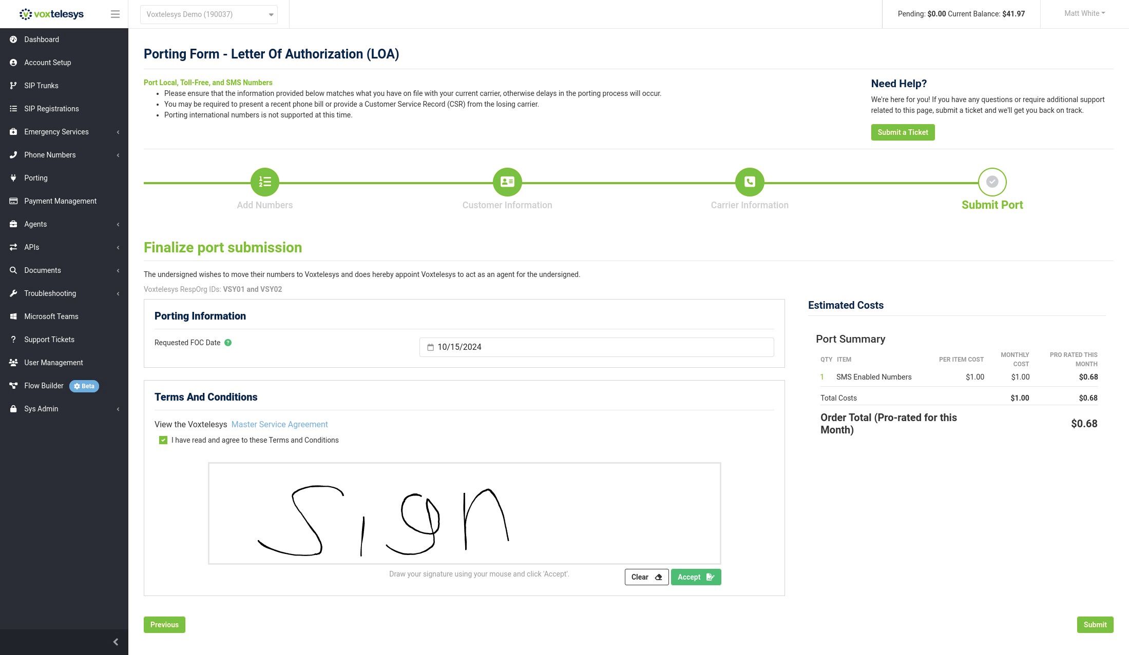 accept button in the voxtelesys portal