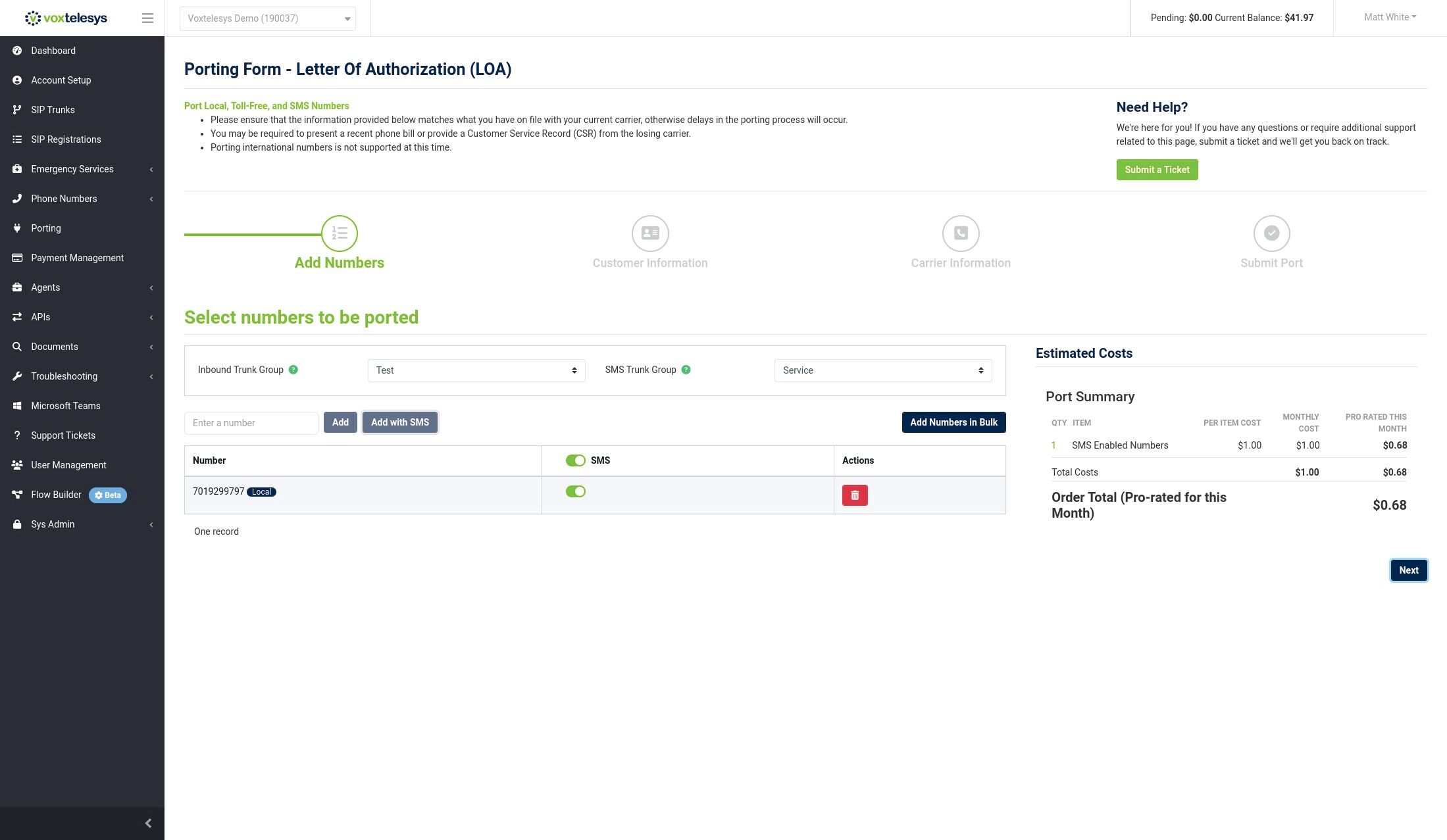 next button in voxtelesys portal