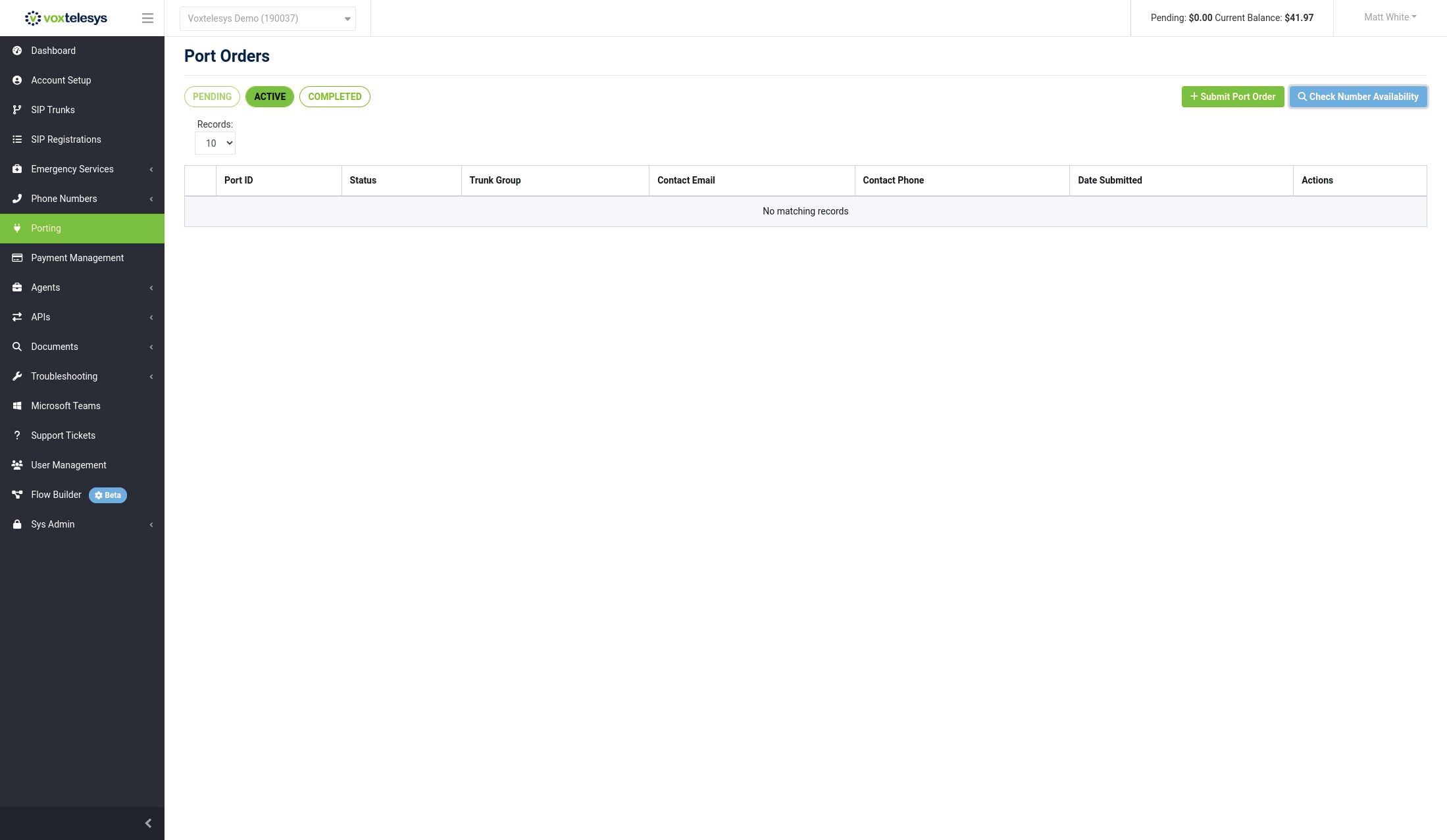 check number availibility button in the voxtelesys portal