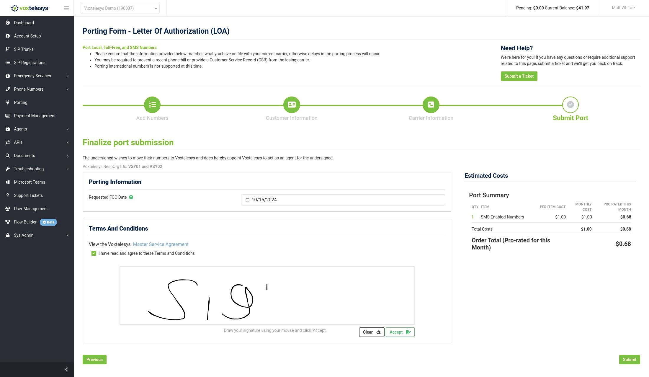 sign box in the voxtelesys portal