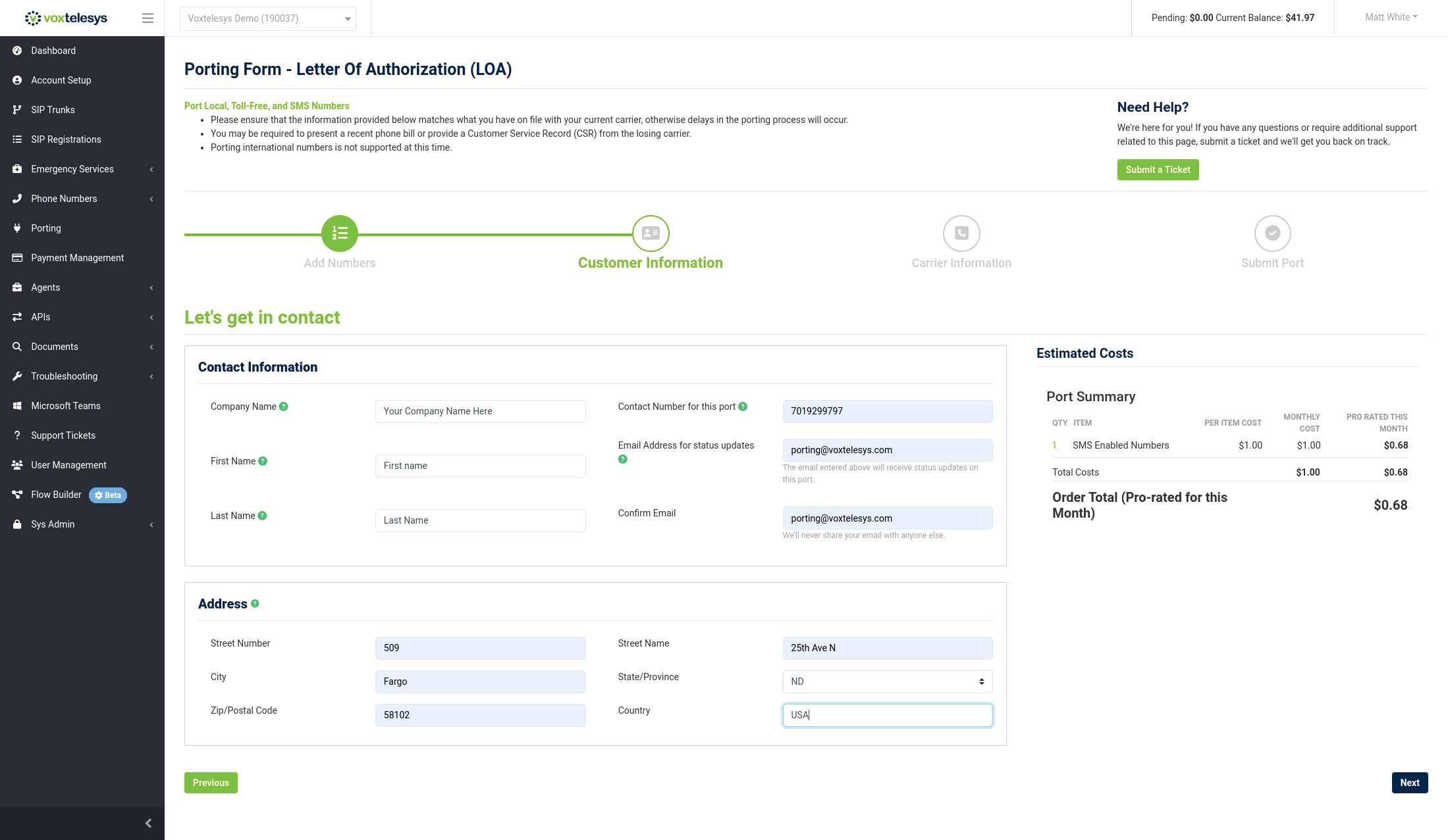 click next button in the voxtelesys portal
