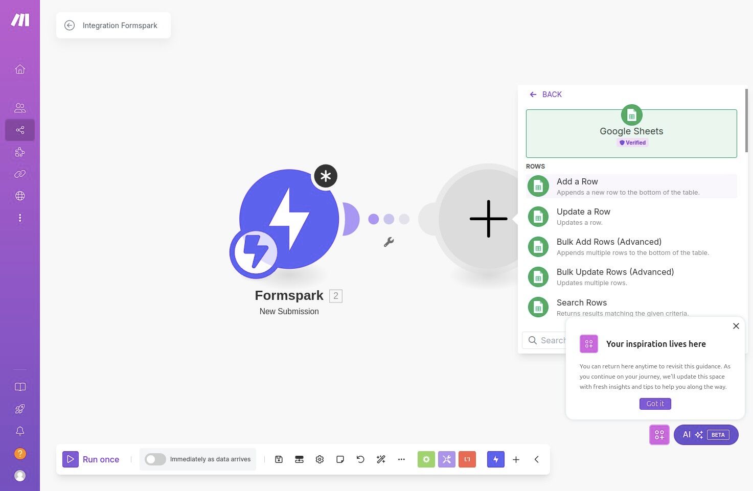 Selecting Google Sheets Add Row