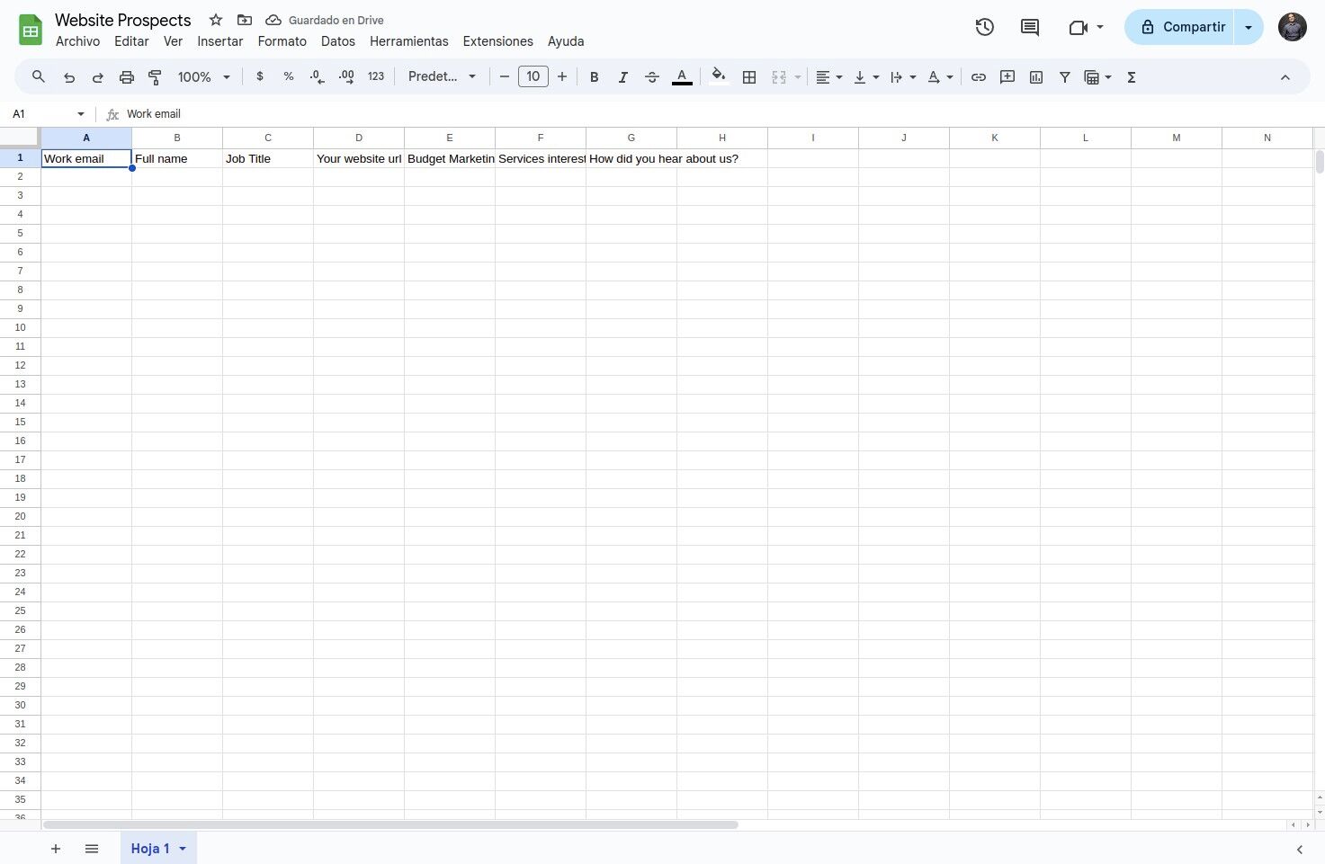 Example Google Sheet format