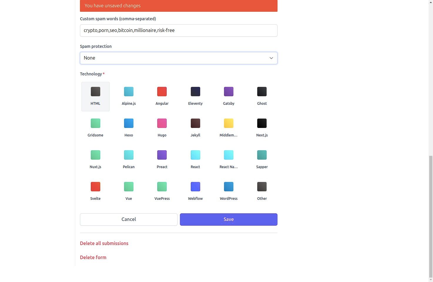 Selecting spam filtering options