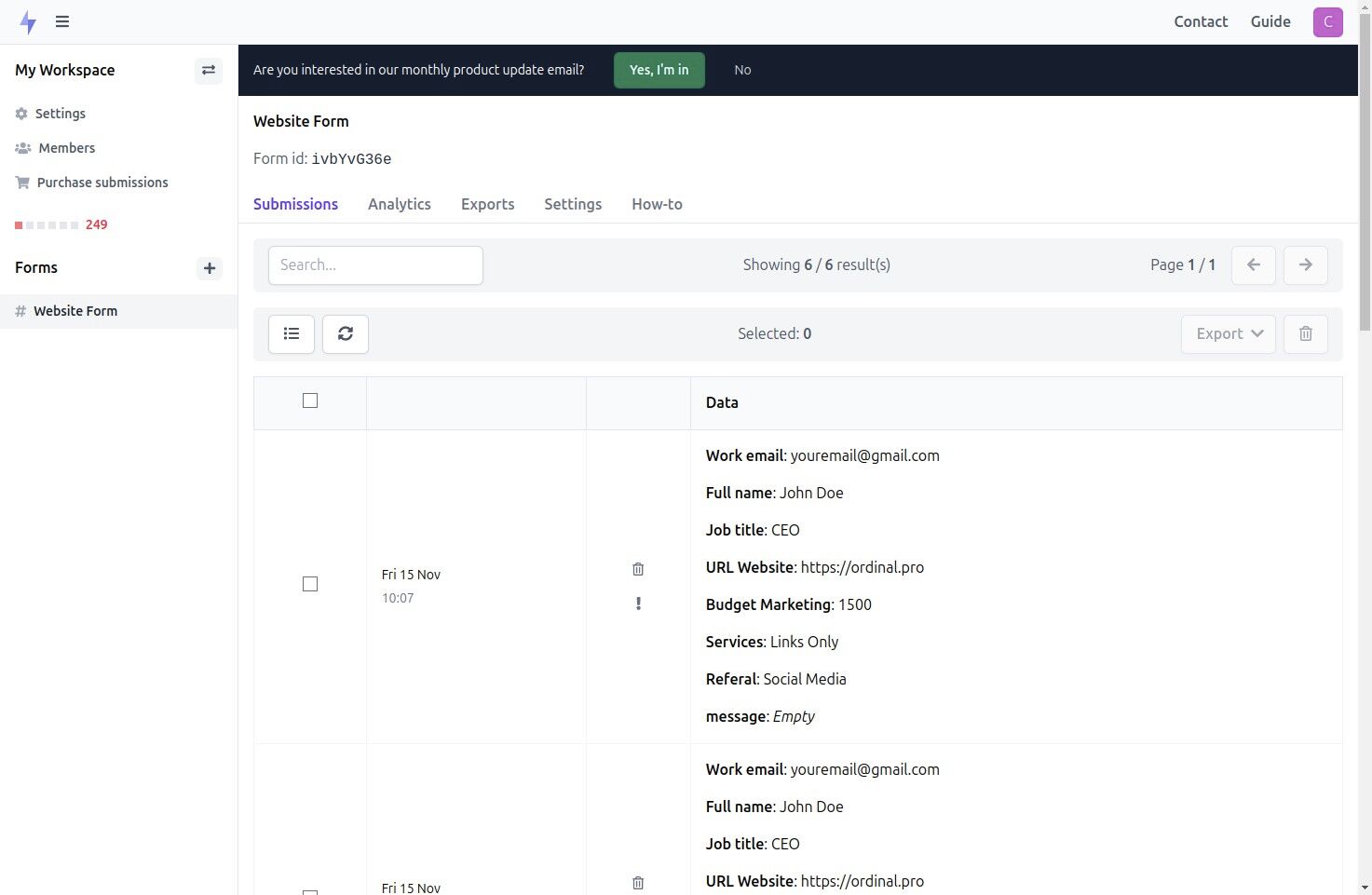 Viewing form submissions in Formspark