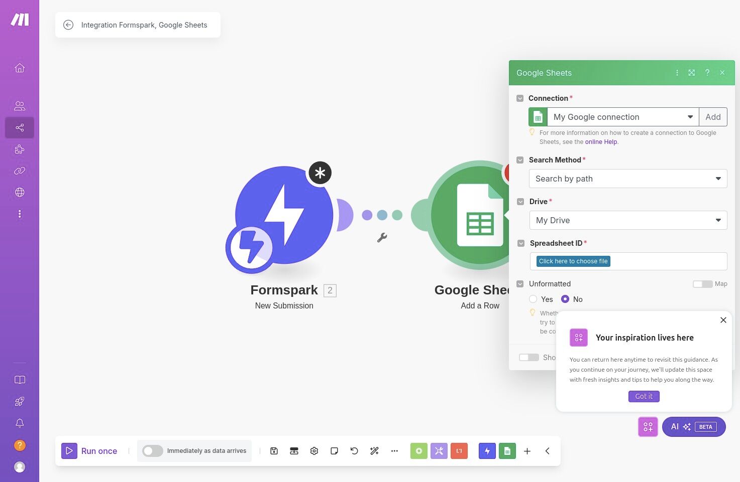 Selecting your Google Sheet