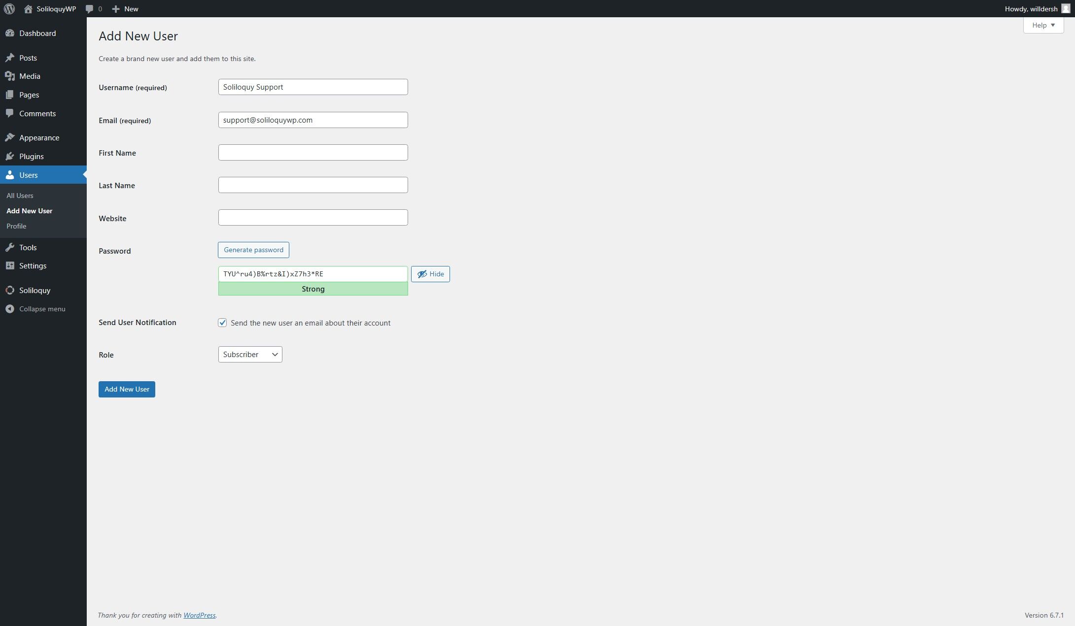 username and email fields