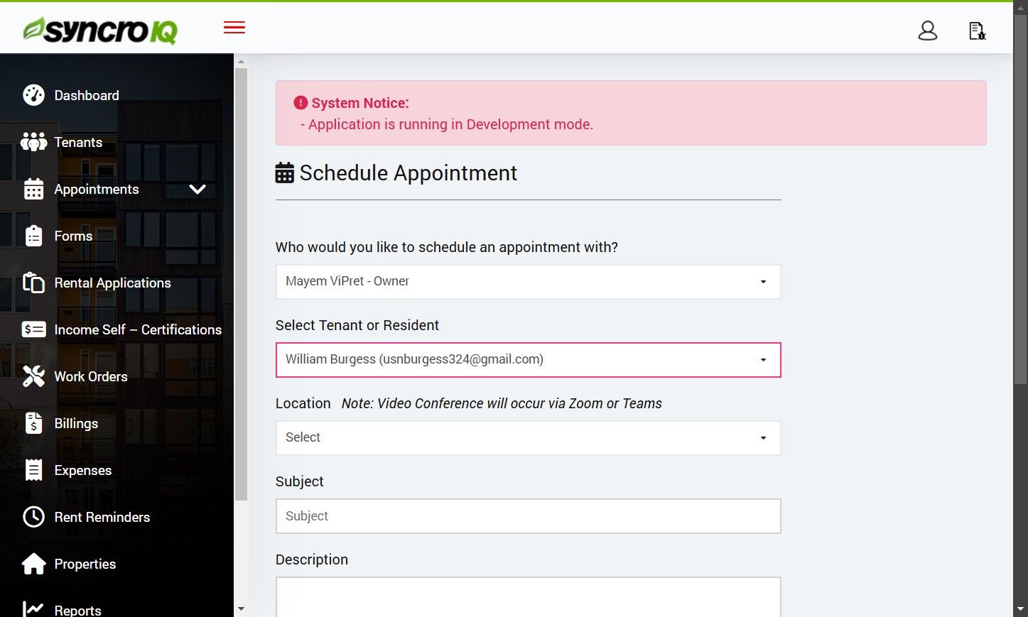 Select tenant/resident
