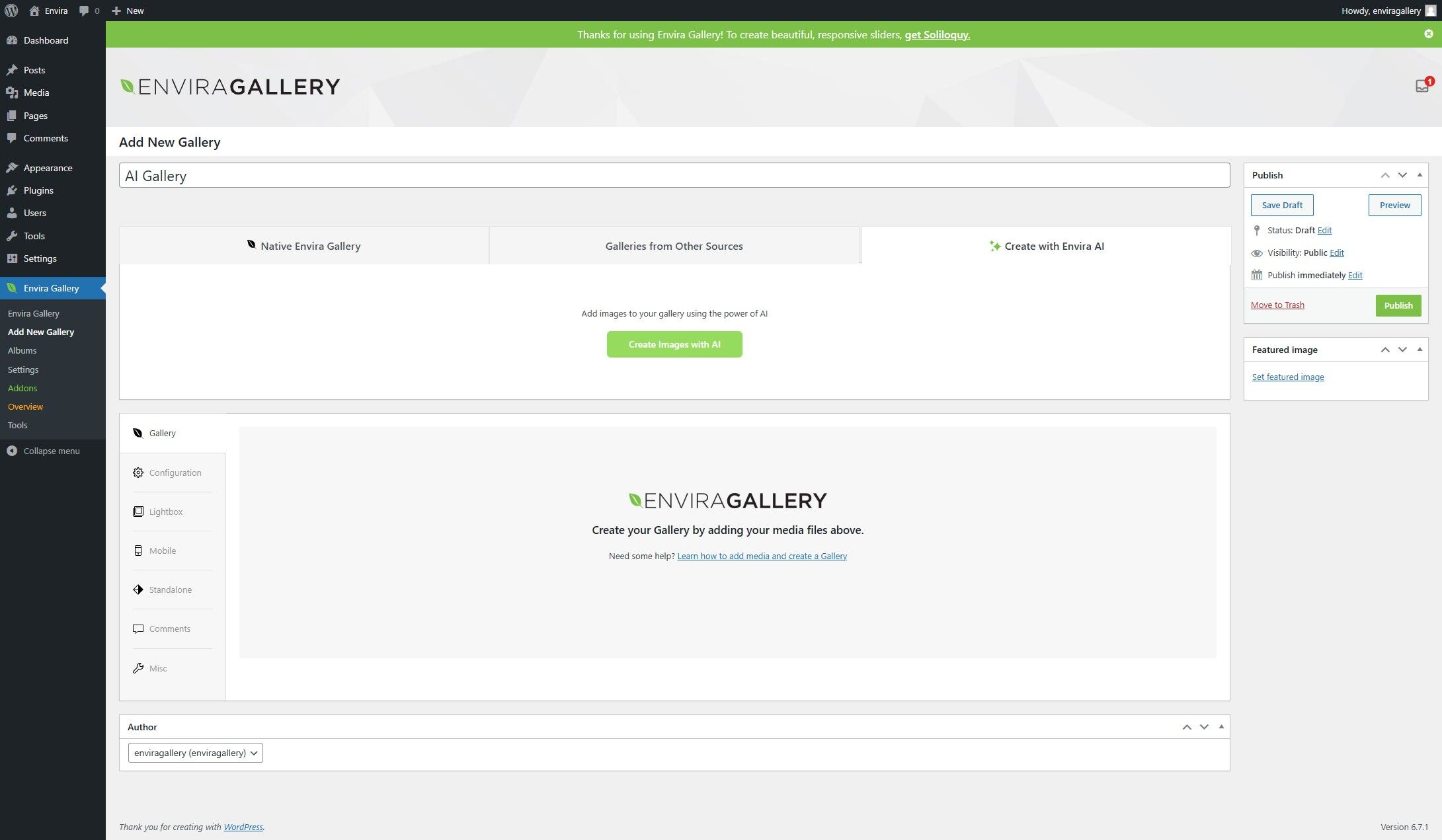 create images with Envira AI button