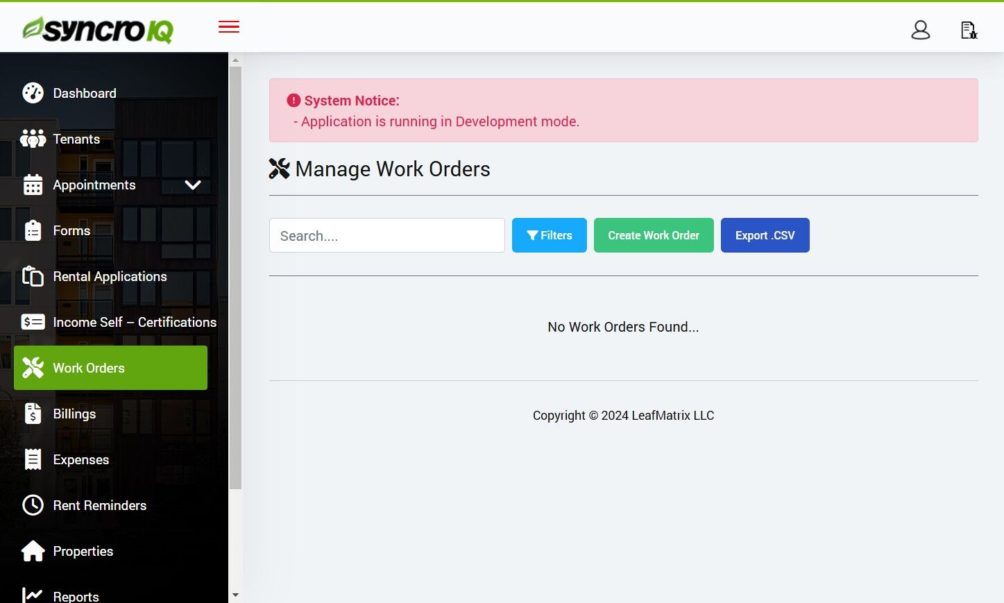 Click Export .CSV on the Work Orders page