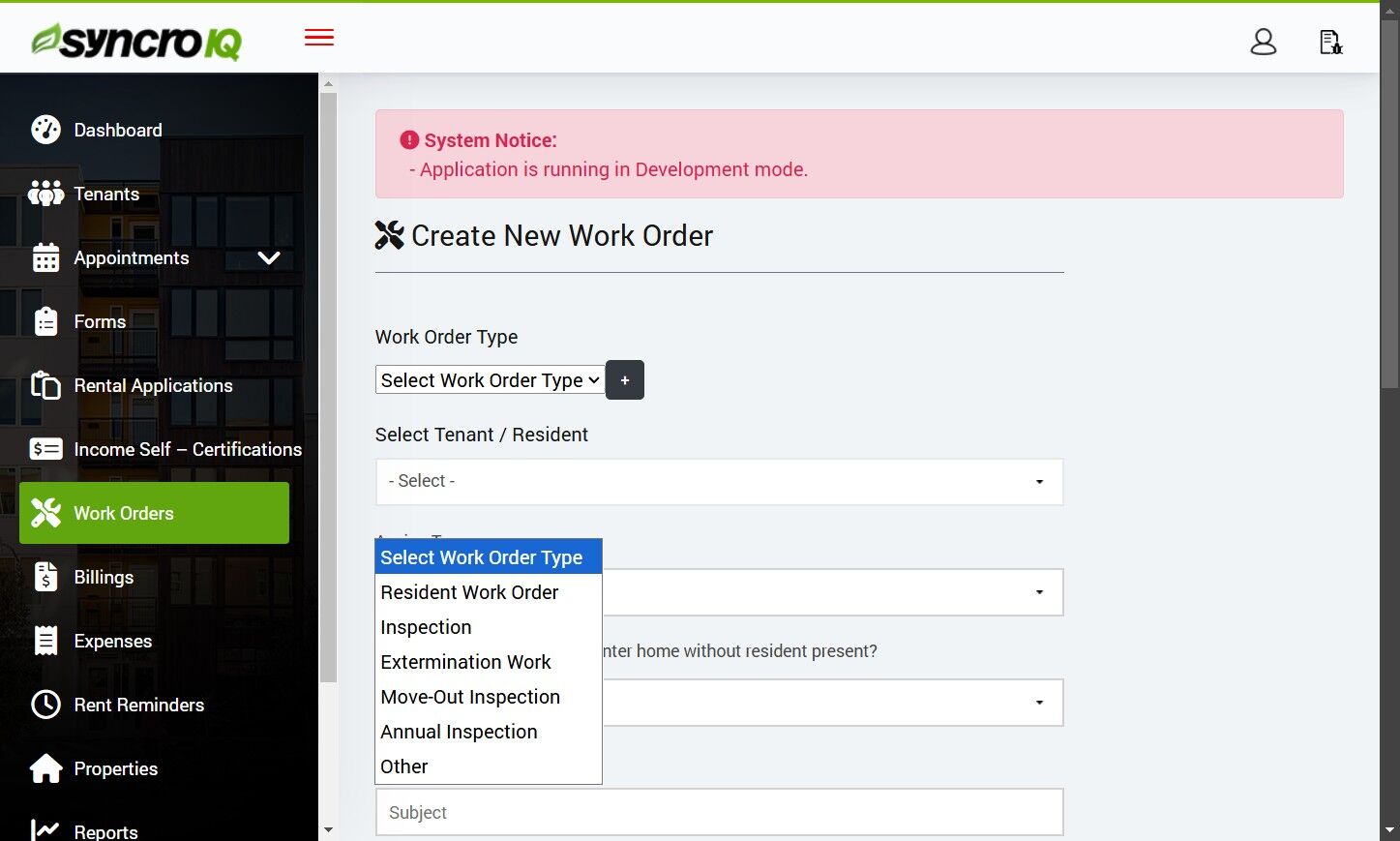 Choose a Work Order Type