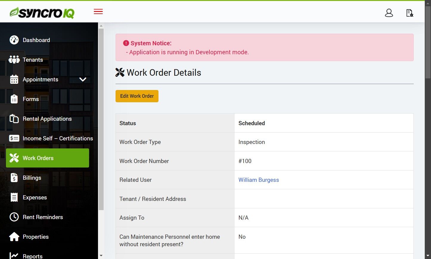 Open Edit Work Order to modify details