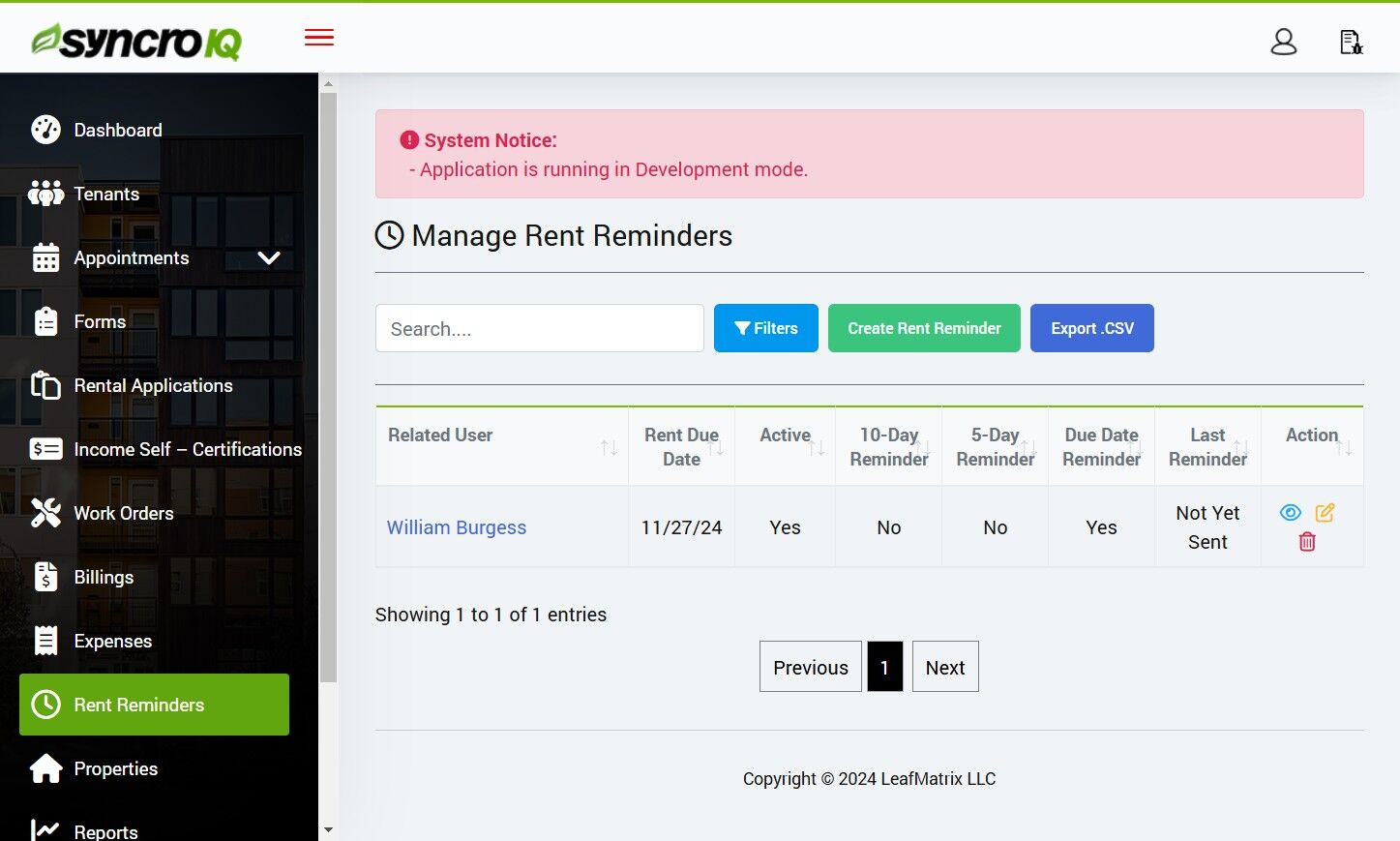 Open Filters panel on Rent Reminders page