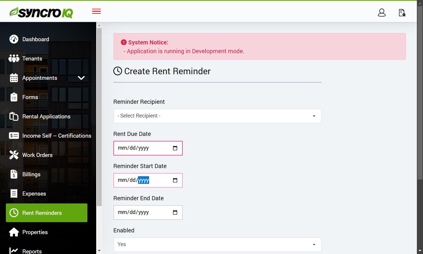 Select reminder start date