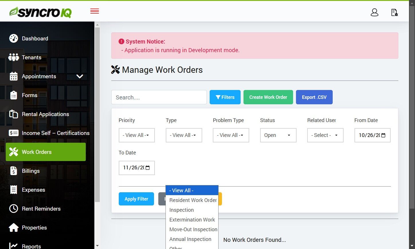 Open Work Order Type dropdown