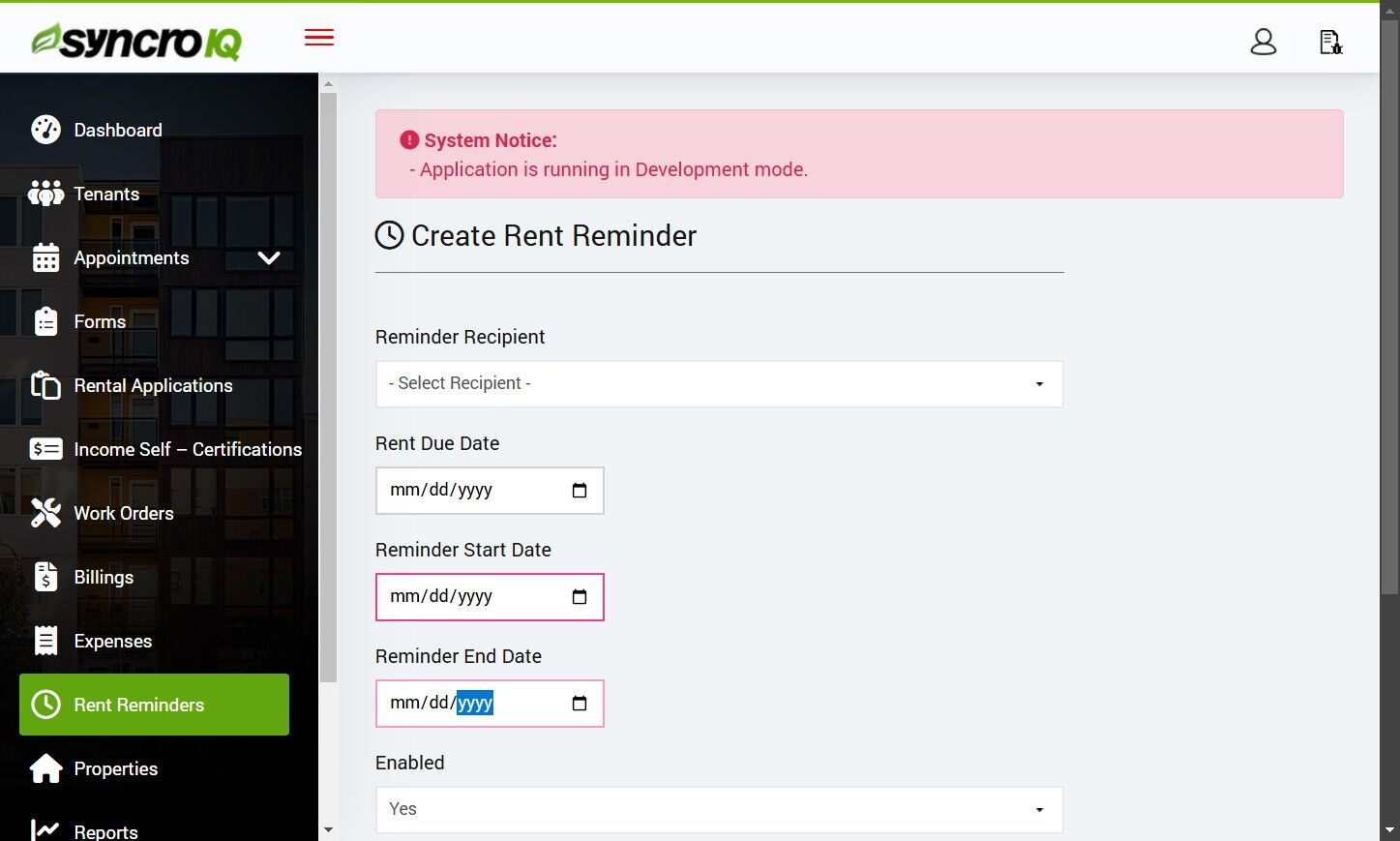 Select reminder end date