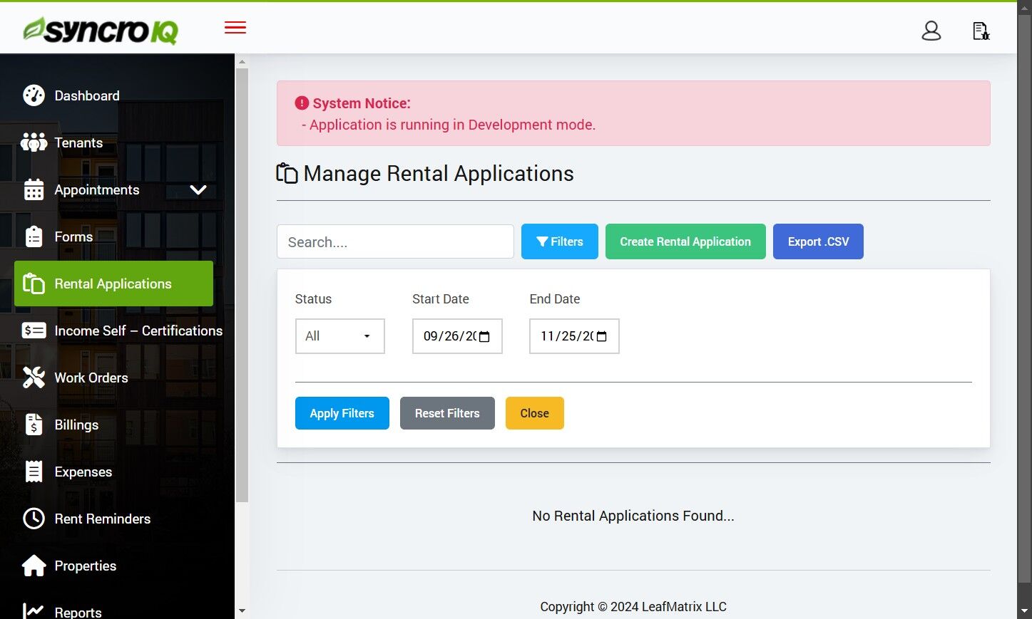 Apply filters to update the applications list