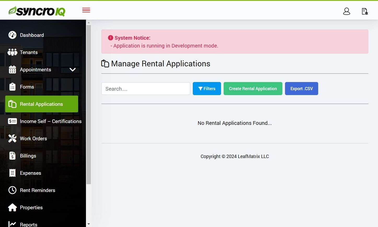 Open Filters panel on Rental Applications page