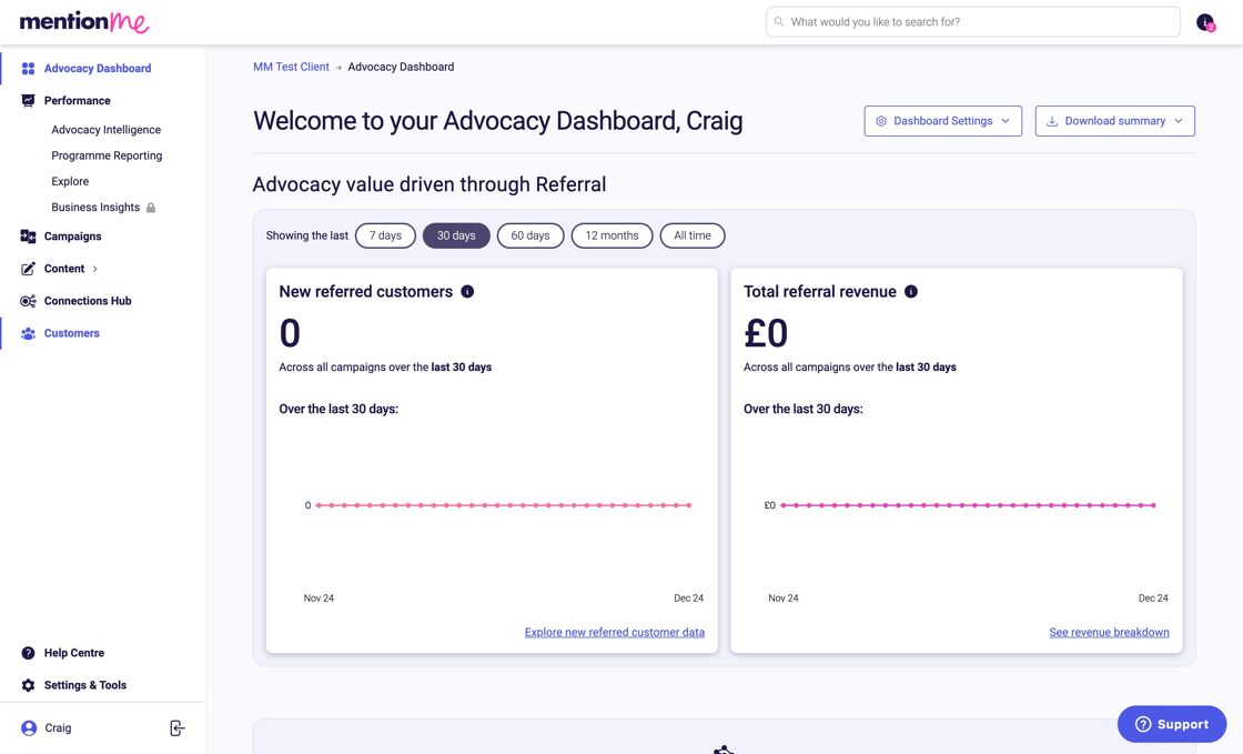 Customers tab in Mention Me dashboard