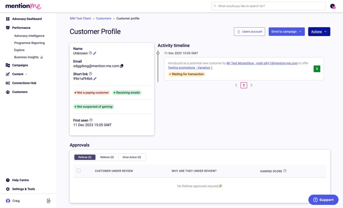 Actions menu on customer profile