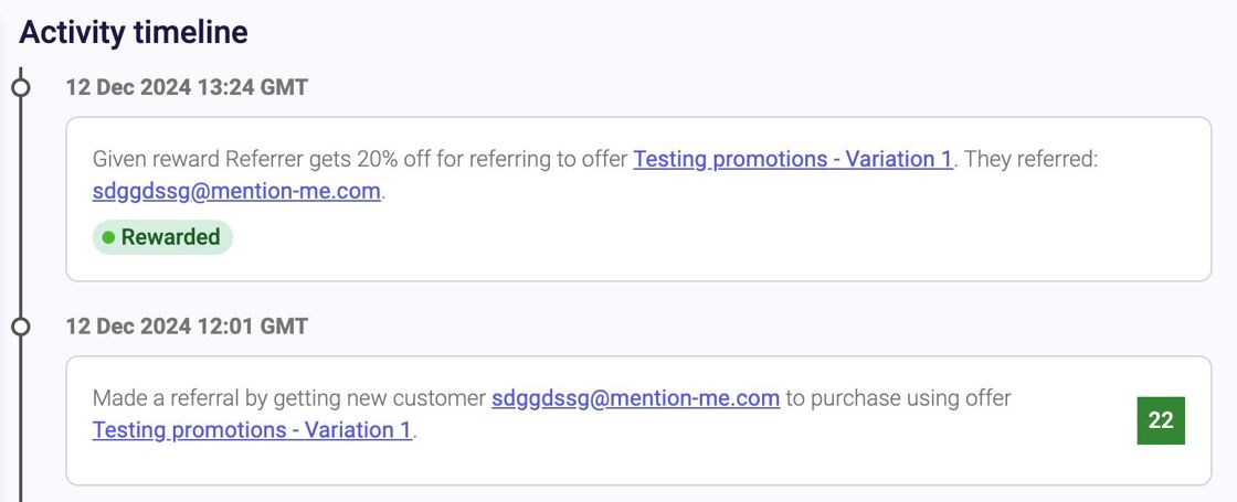 Verified referral in timeline of Mention Me customer details