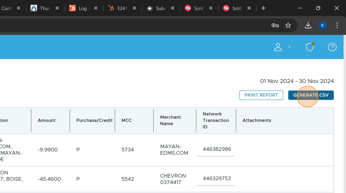 Screenshot highlighting the GENERATE CSV button