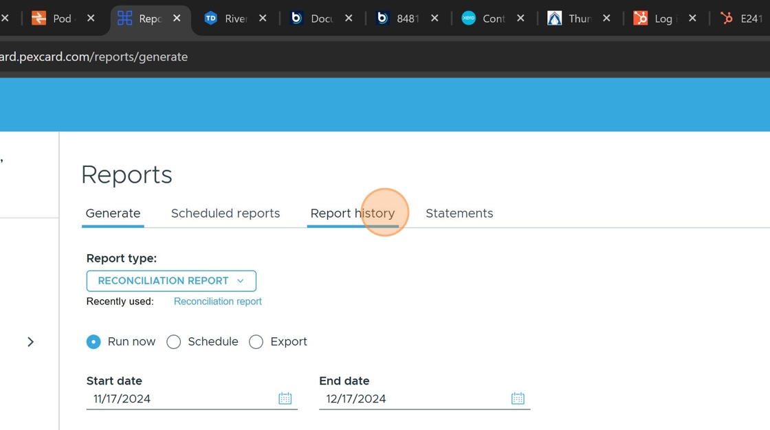 Screenshot highlighting the Report history button