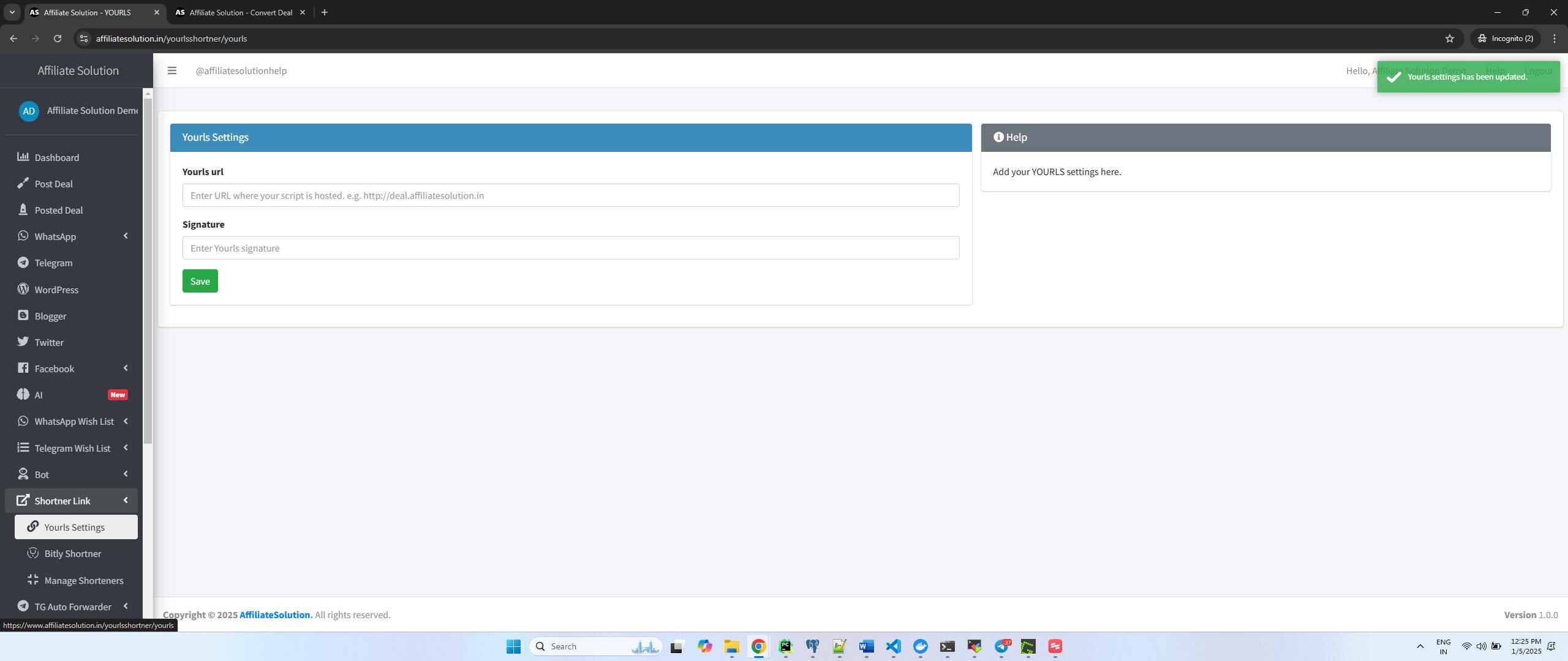 YOURLS Settings in Affiliate Solution