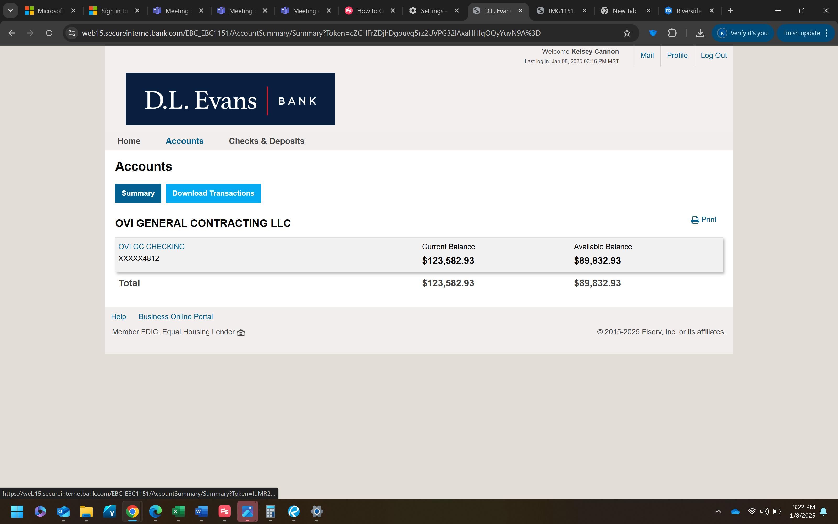 Screenshot of DL Evans dashboard with Accounts button highlighted