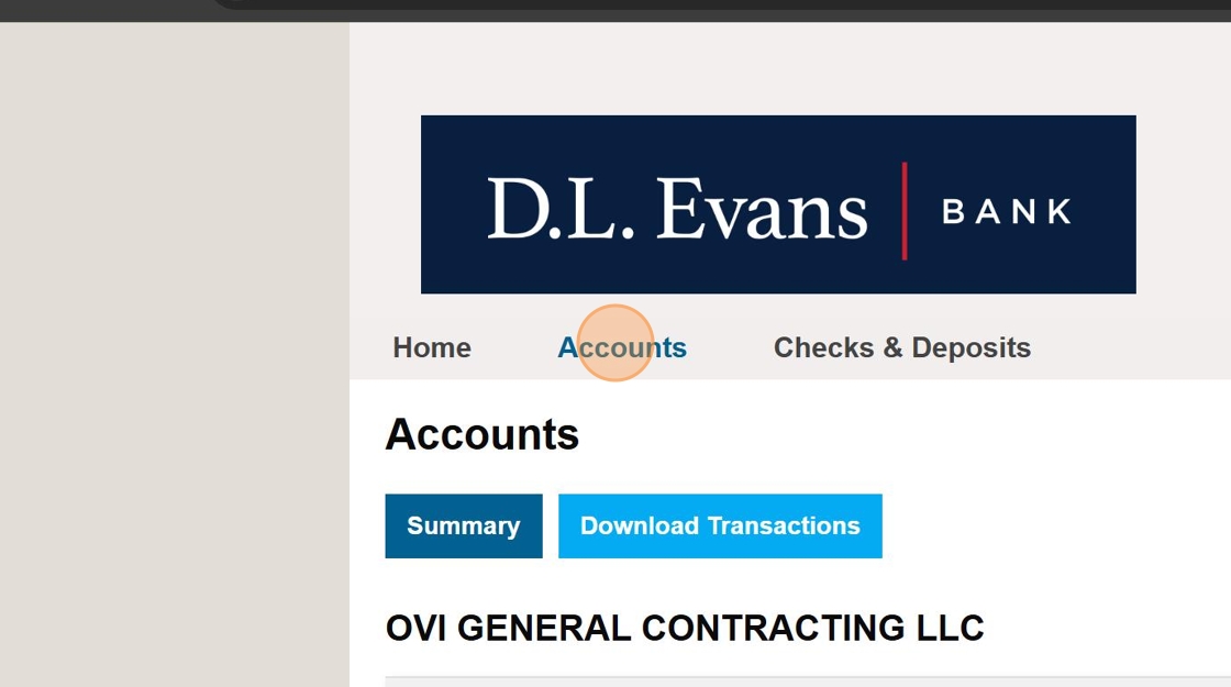 Screenshot of DL Evans dashboard with Accounts button highlighted