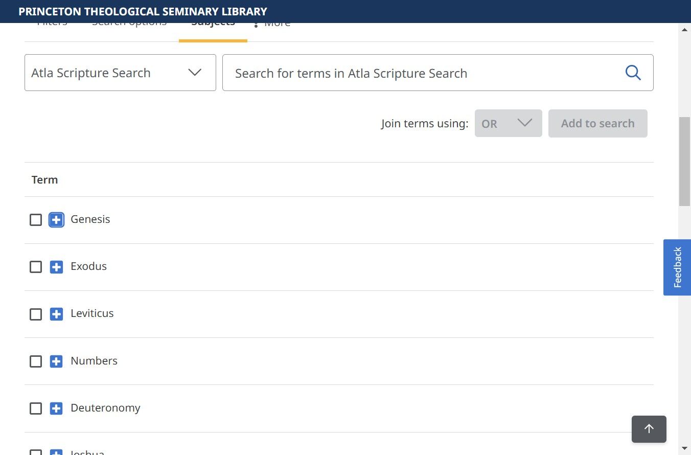 screen snip of the Atla Scripture Search on the EBSCOhost platform with one of the plus icons next to a term highlighted