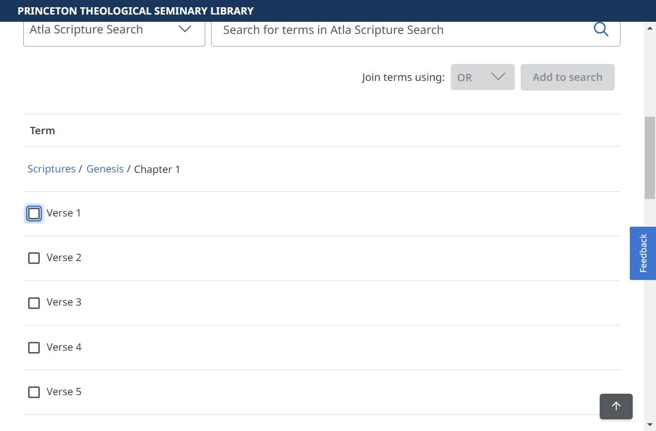 screen snip of the Atla Scripture Search on the EBSCOhost platform with one of the checkboxes next to a term highlighted