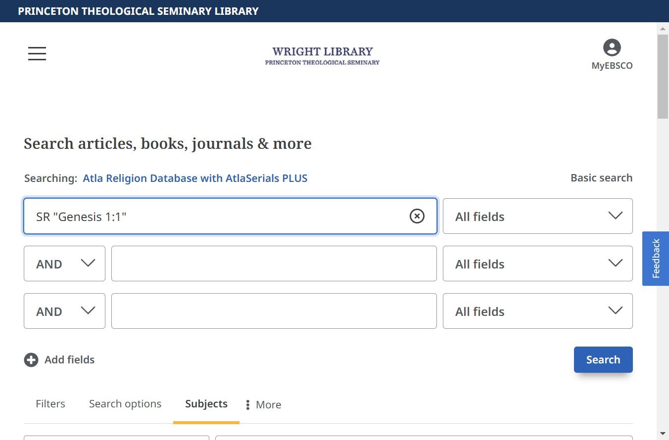 screen snip of the Advanced Search screen for Atla Religion Database with AtlaSerials PLUS on the EBSCOhost platform with the "Search" button highlighted