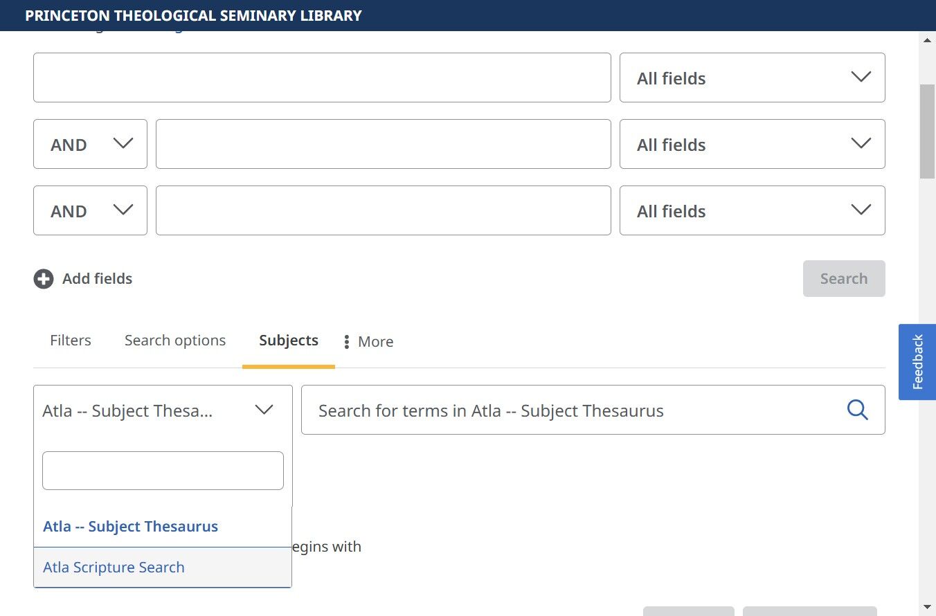 screen snip of the Advanced Search screen for Atla Religion Database with AtlaSerials PLUS on the EBSCOhost platform with the Atla Scripture Search option highlighted