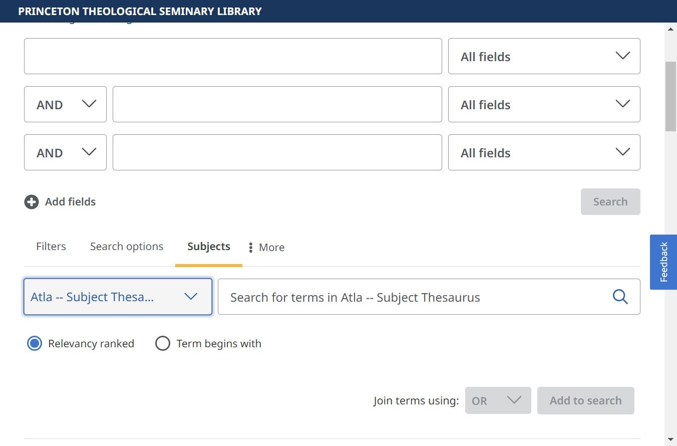 screen snip of the Advanced Search screen for Atla Religion Database with AtlaSerials PLUS on the EBSCOhost platform with the down arrow in the first box under the Subjects tab highlighted