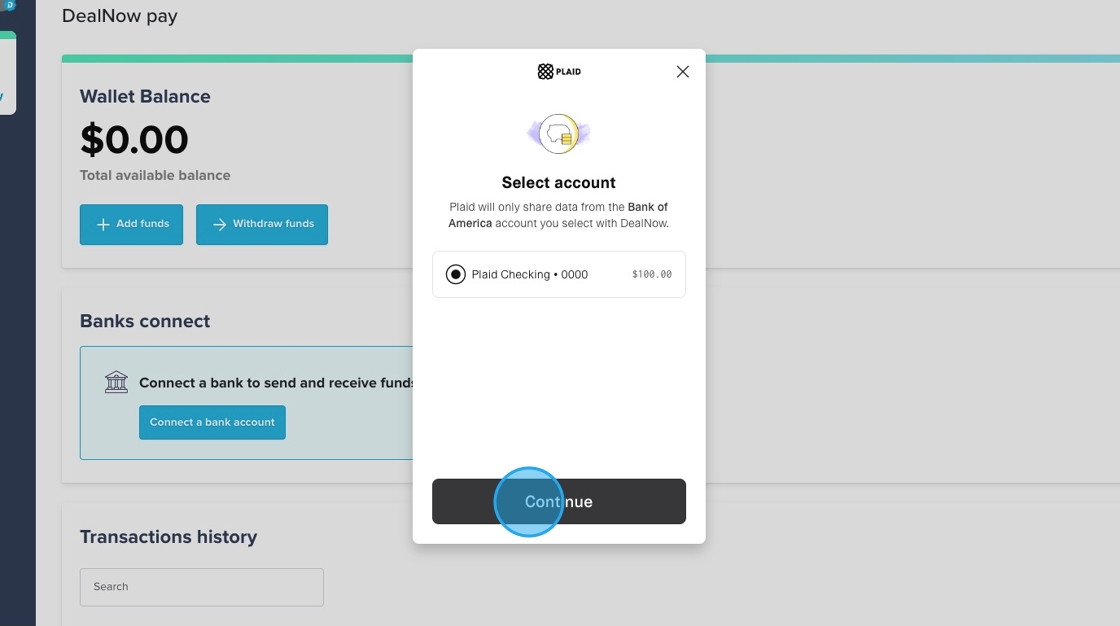 Plaid account selection screen with one checking account chosen