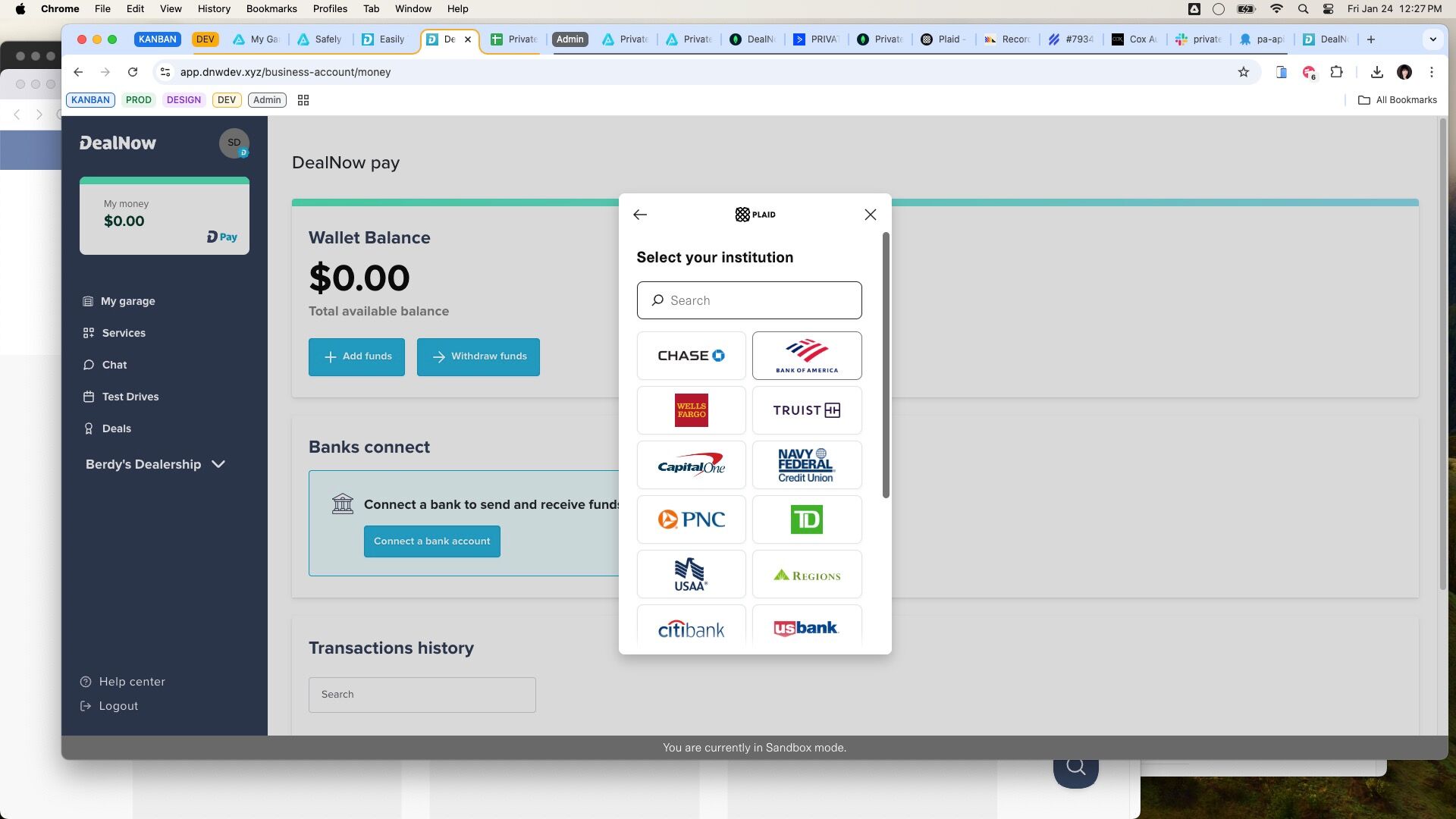 Plaid institution picker showing major banks