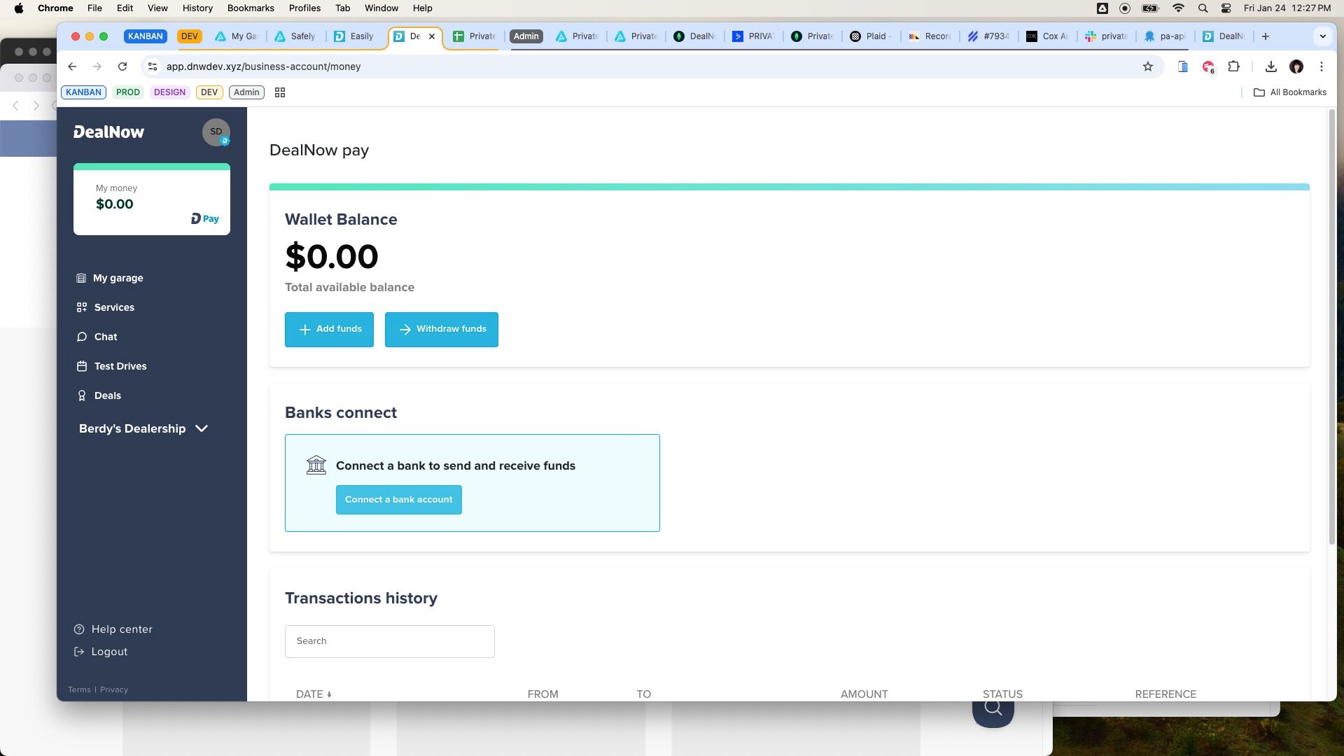 DealNow Pay with 'Banks connect' card and 'Connect a bank account' button highlighted