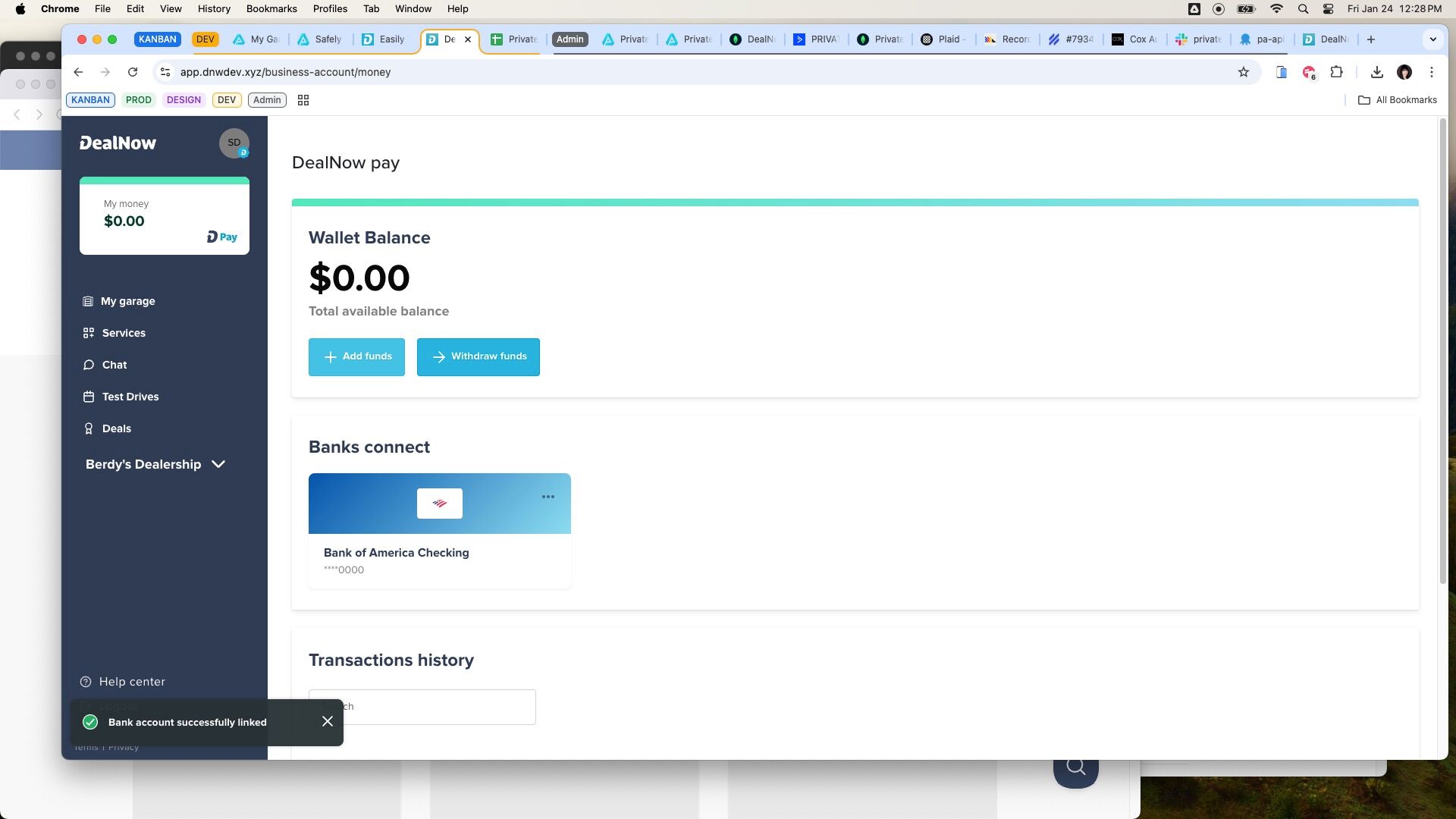 Add funds modal with amount field and selected bank account